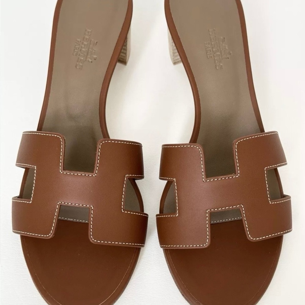 HERMES H OASIS SANDALS IN GOLD BROWN LEATHER SHOES MULES SLIDES HEELS 38 - Picture 4 of 15